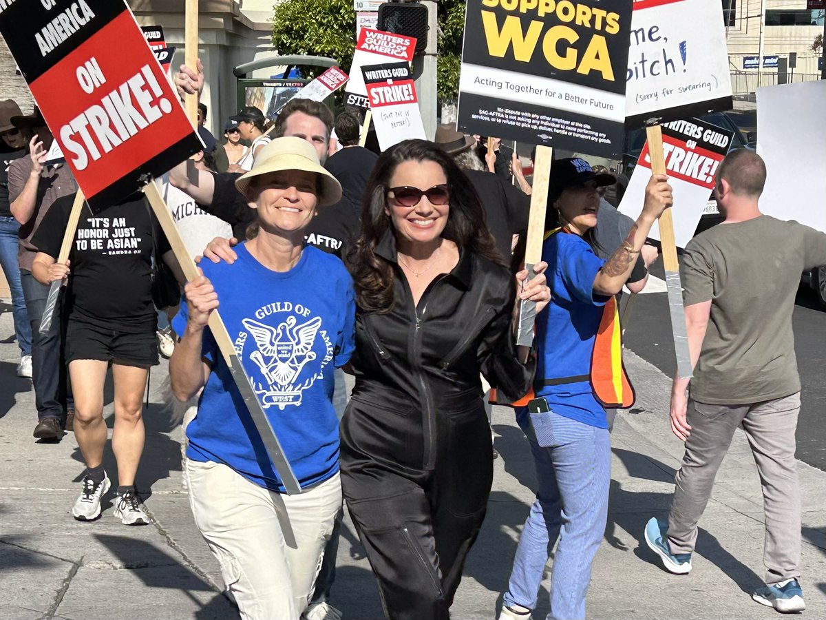 WGA President Meredith Stiehm joined on the picket lines at <a href="/paramountplus/">Paramount+</a> by <a href="/sagaftra/">SAG-AFTRA</a> President Fran Drescher! #WGASTRIKE #1u #WGAstrong
