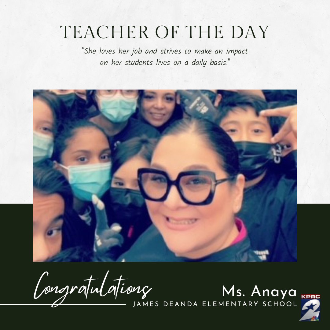 KPRC2's tweet photo. Congratulations to today's teacher of the day: Ms. Anaya from James DeAnda Elementary School. 

https://t.co/W7SEE1DVjp https://t.co/INy3pV3XID