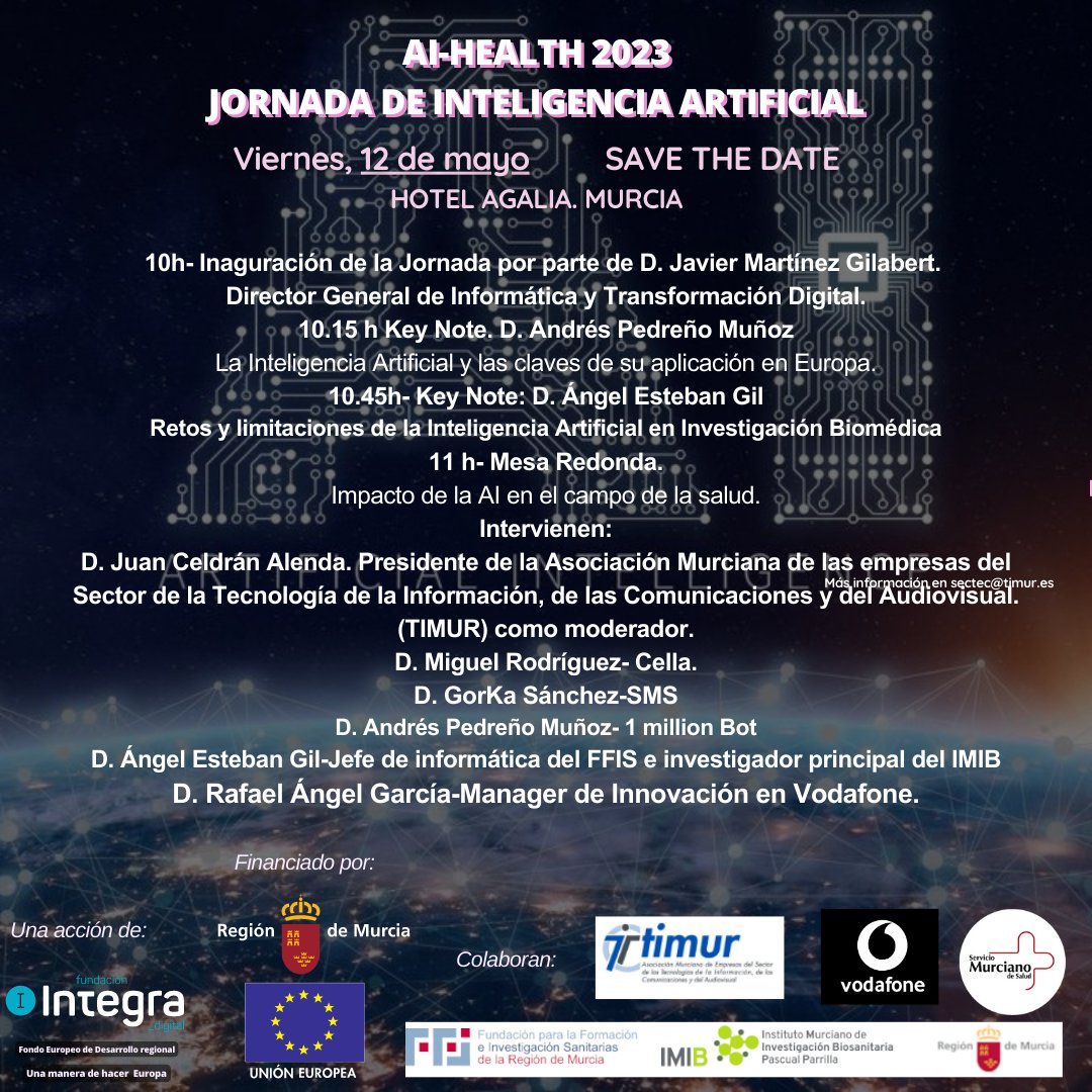 TIMUR te invita a asistir a AI-HEALTH 2023,  Jornada sobre inteligencia artificial aplicada a la salud, que se celebrará el próximo viernes 12 de mayo, en el Hotel Agalia. Contacta con nosotros para más información.