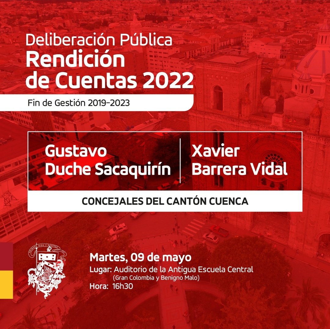 Xavier Barrera V. (@xavierbarrerav) on Twitter photo Queridos amigos/as
Junto a <a href="/duche_gustavo/">Gustavo Duche - Concejal de Cuenca</a>, les hacemos la cordial invitación a nuestra #RendicionDeCuentas2022 #InformeDeFinDeGestión
📆 Fecha: Martes, 09 de mayo de 2023
📍 Lugar: Auditorio de la Escuela Central (Gran Colombia y Benigno Malo)
⏰ Hora: 16:30
Les esperamos. 🤝 Queridos amigos/as
Junto a <a href="/duche_gustavo/">Gustavo Duche - Concejal de Cuenca</a>, les hacemos la cordial invitación a nuestra #RendicionDeCuentas2022 #InformeDeFinDeGestión
📆 Fecha: Martes, 09 de mayo de 2023
📍 Lugar: Auditorio de la Escuela Central (Gran Colombia y Benigno Malo)
⏰ Hora: 16:30
Les esperamos. 🤝