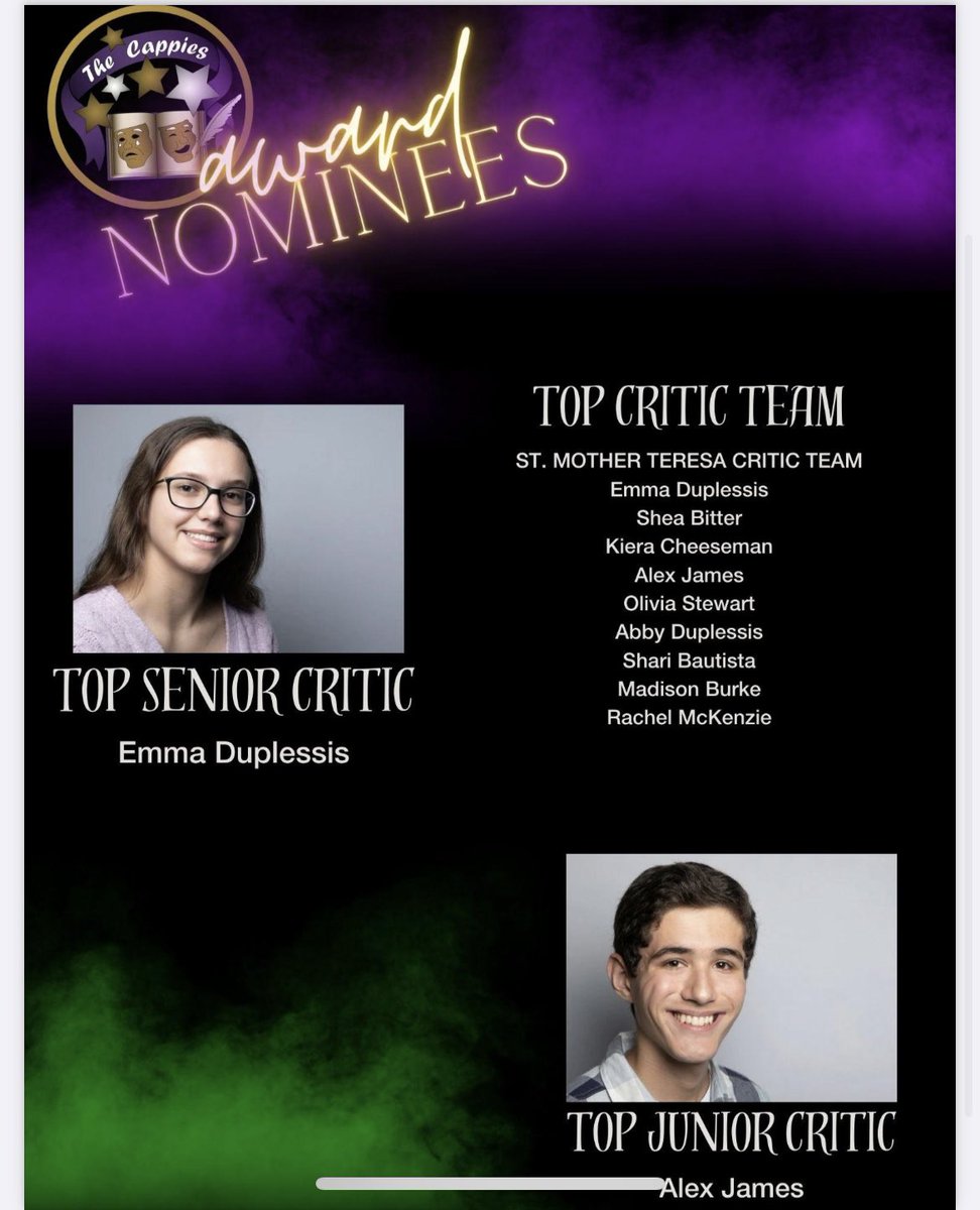 St. Mother Teresa High School (@motherteresahs) on Twitter photo A massive congratulations to the cast and crew of “Chemical Imbalance” and our Cappies Critics on their whopping 15 Cappies nominations and nomination for Best Play! We could not be more proud of you all! 🎭✨🏆 <a href="/OttCatholicSB/">Ottawa Catholic School Board</a> <a href="/Ms_LLaviolette/">Lindsay Laviolette (she/her)</a> <a href="/OttawaCappies/">Canada’s Capital Cappies</a> <a href="/ocsbArts/">OCSB Arts</a> A massive congratulations to the cast and crew of “Chemical Imbalance” and our Cappies Critics on their whopping 15 Cappies nominations and nomination for Best Play! We could not be more proud of you all! 🎭✨🏆 <a href="/OttCatholicSB/">Ottawa Catholic School Board</a> <a href="/Ms_LLaviolette/">Lindsay Laviolette (she/her)</a> <a href="/OttawaCappies/">Canada’s Capital Cappies</a> <a href="/ocsbArts/">OCSB Arts</a>