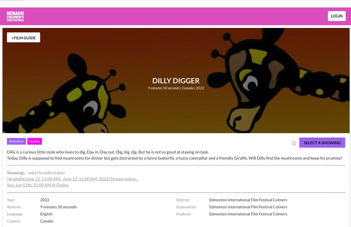 DILLY DIGGER AND THE MUSHROOM ADVENTURE our innovative animated short is digging all the way to Tipperary!
Yup, curious mole Dilly got selected to the 
Nenagh Children’s Film Festival 
in Tipperary, Ireland 
running June 11 – 13 
Go, Dilly and charm young and grown-up audiences