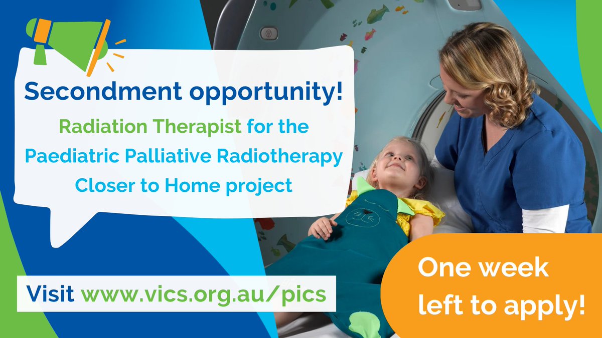One week left to apply for our 6-month secondment opportunity for a Grade 4-5 Radiation Therapist!

Join PICS and help us to investigate developing regional paediatric palliative radiotherapy services.

Submissions close Mon 15 May, find out more here: vics.org.au/_files/ugd/88a…