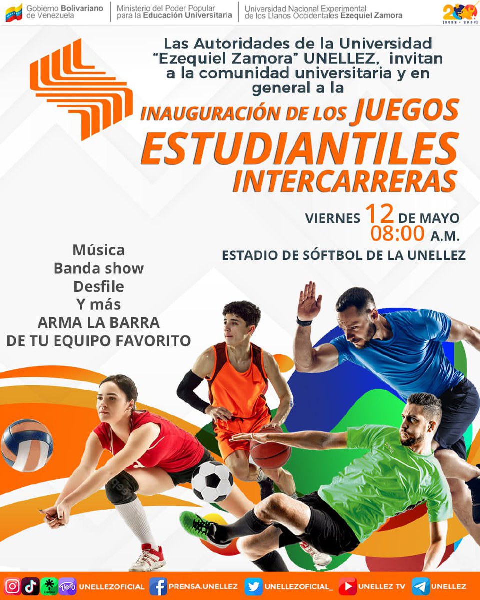 El acto de inauguración será llevado a cabo en el estadio de Sóftbol de la Unellez este viernes 12 de mayo a las 8:00 am y contará con animación musical, Banda Show, desfile y mucho más.

📣 ¡Corre la voz, arma tu barra y participa! 🏆🏅

🔖¡Te Esperamos!
