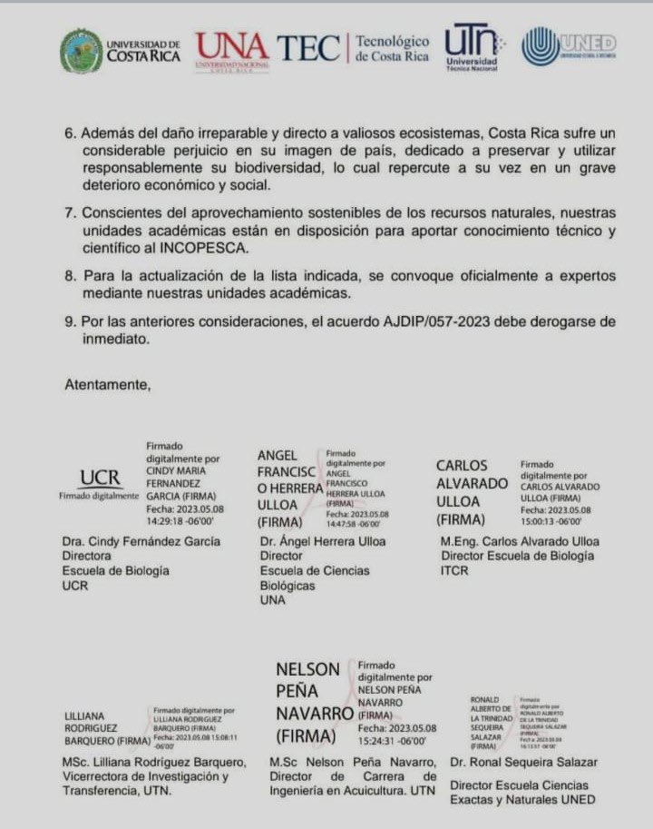 🚨 Las 5 Universidades Públicas de Costa Rica 🇨🇷 piden a INCOPESCA que se derogue el Acuerdo que incluye nuevas especies en la lista de especies de interés comercial. 

Queda en evidencia que no hay criterio técnico que justifique esta decisión, ¿a qué responde?
