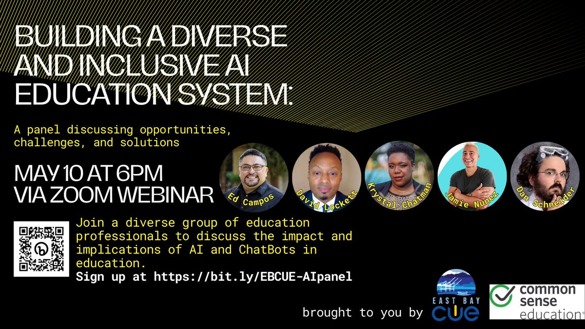 THIS WEDNESDAY at 6pm! Join us for a diverse panel of education professionals discussing the opportunities, challenges, and solutions of AI in education! All are welcome. FREE! Sign up at: bit.ly/EBCUE-AIpanel @DavidJLockett @MathyMcMatherso @csteachersorg @CommonSenseEd