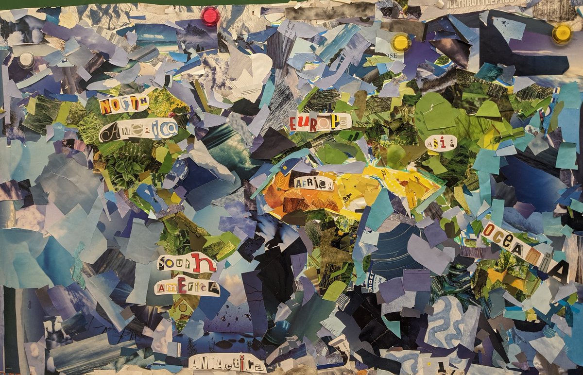 Class collaboration masterpiece! Grade 2s used old magazines to co-create a world map and label the continents. <a href="/SirIsaacBrockPS/">Sir Isaac Brock PS</a>