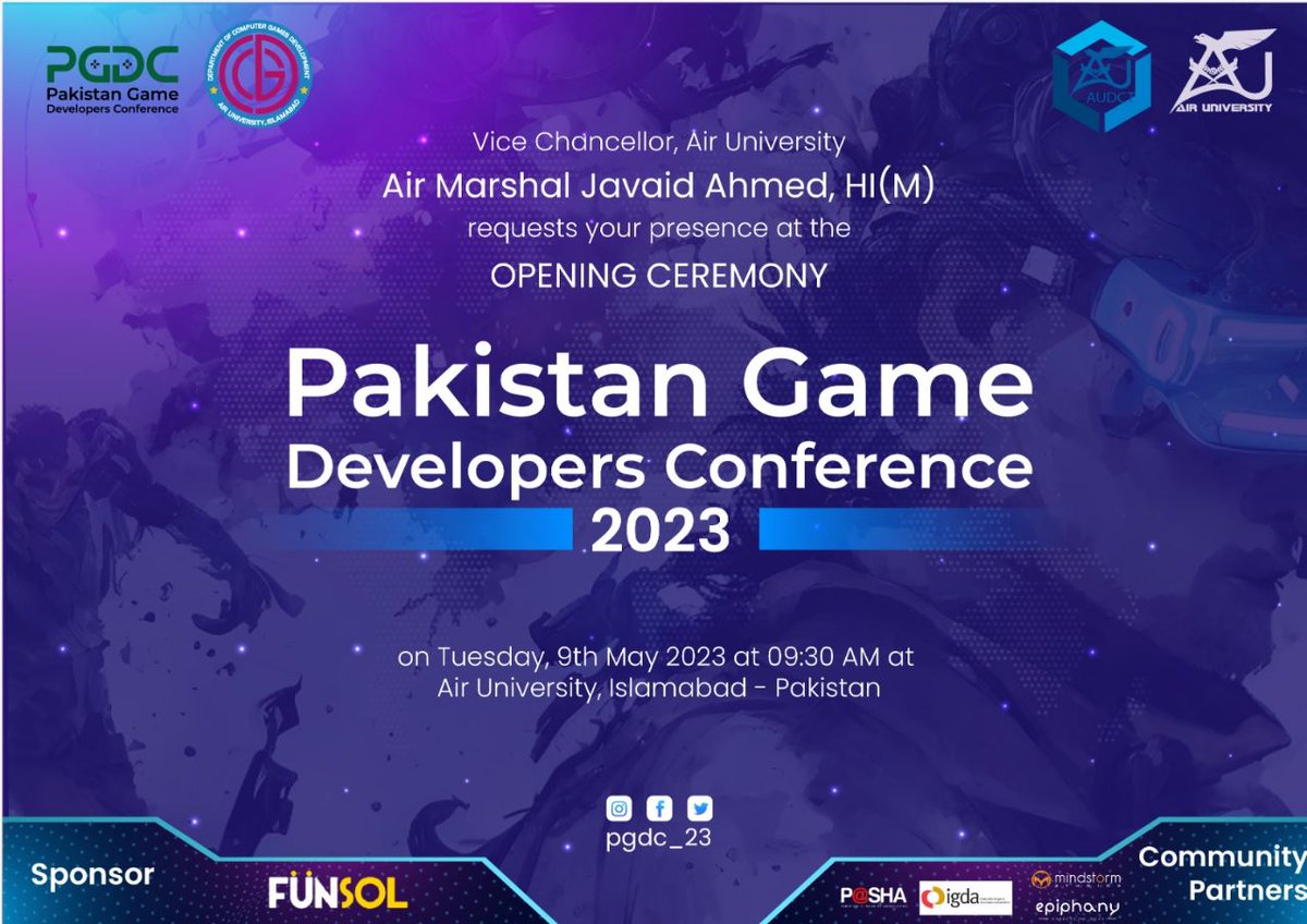 imanna005's tweet photo. People Of Pakistan #AirUniversity Islamabad brings you for the first time ever "All Pakistan Game Developers Conference ". In which there would be Project Exhibitions , Talks with Experst of the Industry and workshops for the game developers. 
#GamingNews 
#PGDC 
#AI #Pakistan https://t.co/EjgZ5Jrh7s