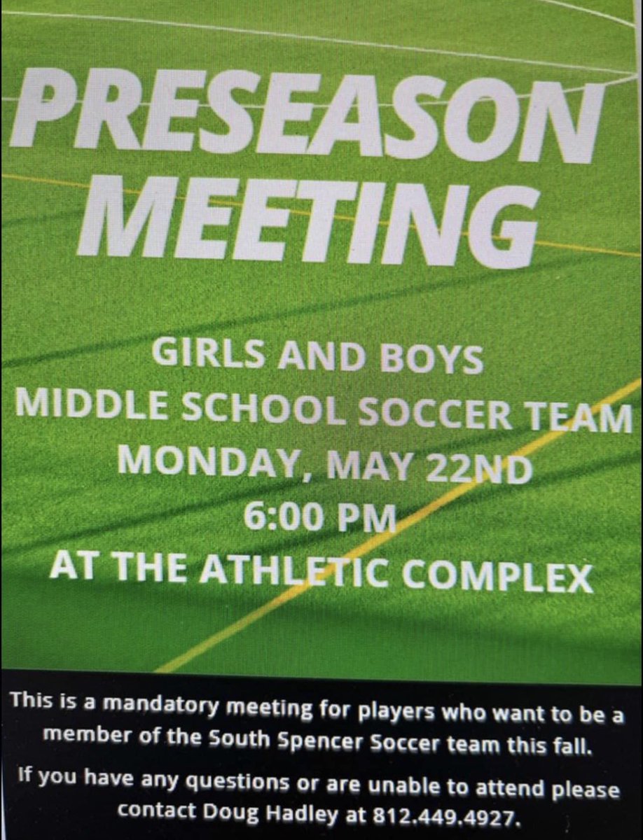 Middle school boys and girls soccer meeting. <a href="/SSHS_Rebels/">South Spencer Athletics</a> <a href="/SouthSpencerMS/">South Spencer MS</a>