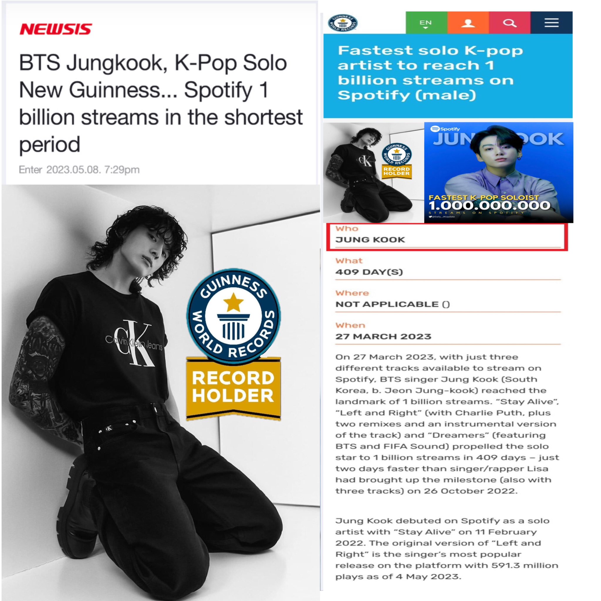 Today's K-pop] BTS' Jungkook sets Guinness record with Spotify streams