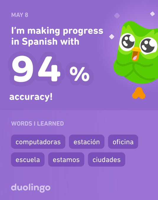 I&rsquo;m learning Spanish on Duolingo! It&rsquo;s free, fun, and effective. https://t.co/g1aoD12PPb