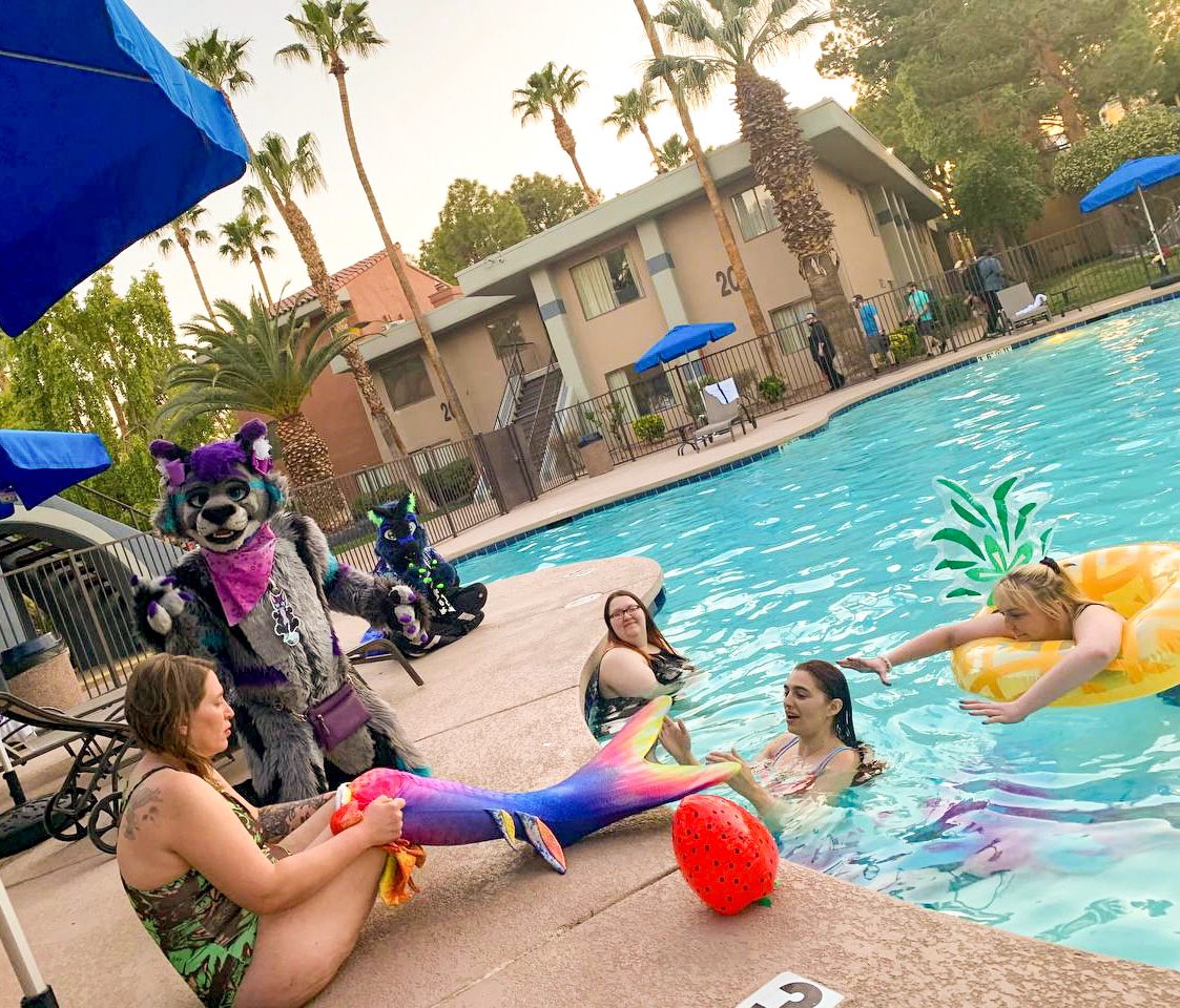 LiminKitty's tweet photo. Friends out by the pool 🏝️ 

���� Alexis Park Resort, Las Vegas
#LasVegasFurCon 

🧜‍♀️  @Scout_Monster 
🧜  @_Neffertity_ 
🎏  @DaringashiaKS 
🐟  @Fohn65492009 https://t.co/JJvC3VxUJQ