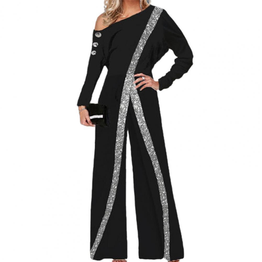 Long Sleeve Straight Wide Leg Women Jumpsuit Striped Glitter Slash Neck Trendy Romper etsy.me/44I0Zus #womenjumpsuits #widelegpants #anklelengthpants #casual #straightwideleg #stripedglitter #cotton #superdealsbygracie