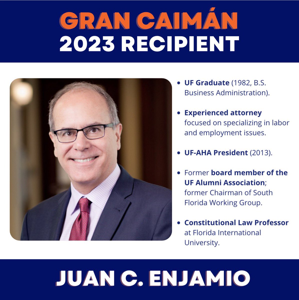 UFCaimanes's tweet photo. We are excited to announce the recipient of the 2023 Gran Caimán award: Juan C. Enjamio. 🐊🥳 

We will recognize him at the annual Gator Guayabera Guateque on June 3rd! 

Buy your tickets to join the celebration:  
https://t.co/bYgQaF4aUo https://t.co/XfIeDyElLU
