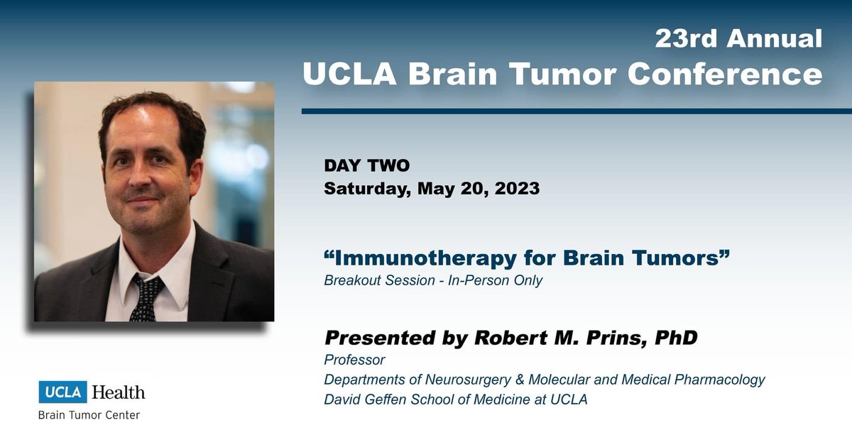 Come learn about Immunotherapy for #BrainTumor from our Immunotherapy-oncology researcher, @UCLANsgy Dr. Robert Prins. #btsm #btam 
🗓️Sat May 20, 2023