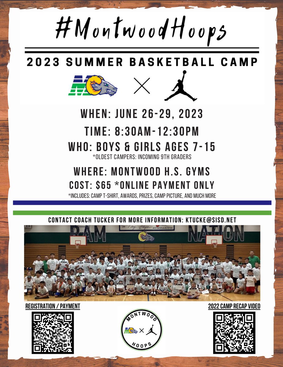 MontwoodHoops's tweet photo. Camp SZN is right around the corner !!! 🔥
Click the links or scan the QR codes for more information !!!

Online Camp Registration/Payment Link
https://t.co/grCpuoMNIW

Camp Recap Video
https://t.co/BLiBz7B2gN

*Limited Spots Available … Don’t Miss Out !😎
#MontwoodHoops🏀 https://t.co/Fi6IIHvkD7