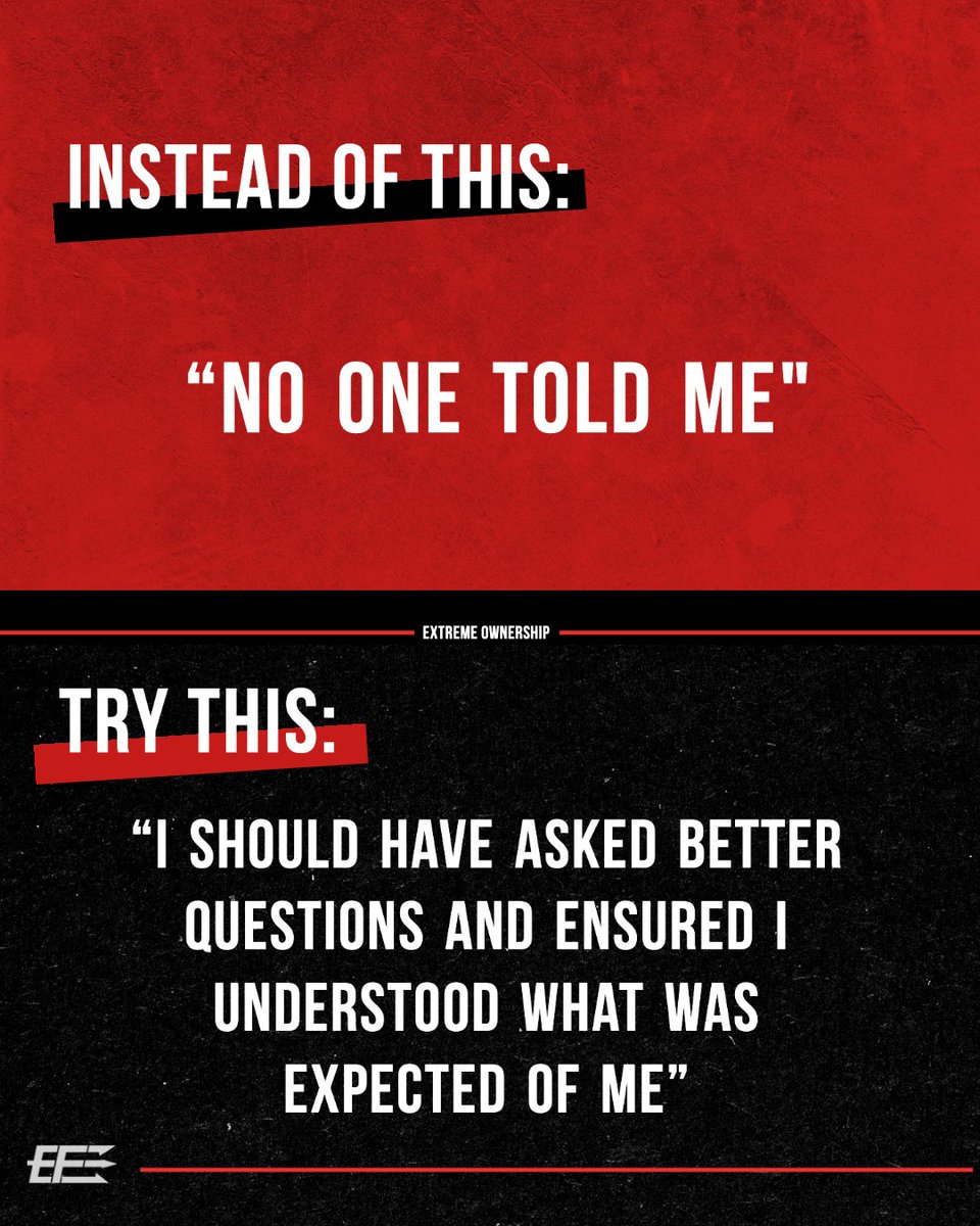 EchelonFront's tweet image. In order to solve communication and leadership problems, you must take control of the solution by owning up to your faults. That’s how you can lead, succeed, and win.

#ExtremeOwnership #Leadership #TryThisEOReframe