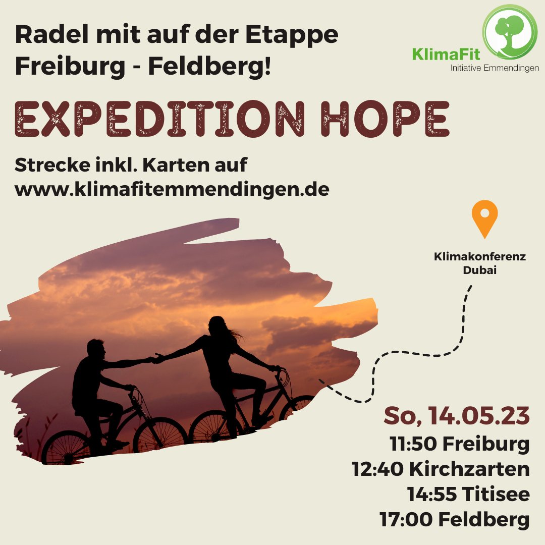 KlimafitEM's tweet photo. Wir laden ein zu einer familienfreundlichen Fahrradtour am Sonntag, 14.5. zum Feldberg als Zeichen für entschiedene Zusammenarbeit für den Klimaschutz!   Die Expedition Hope, auf ihrem Weg zur Klimakonferenz in Dubai, kommt bei uns vorbei.… https://t.co/wVVbP7Mzjk https://t.co/8LcT8lxz0A