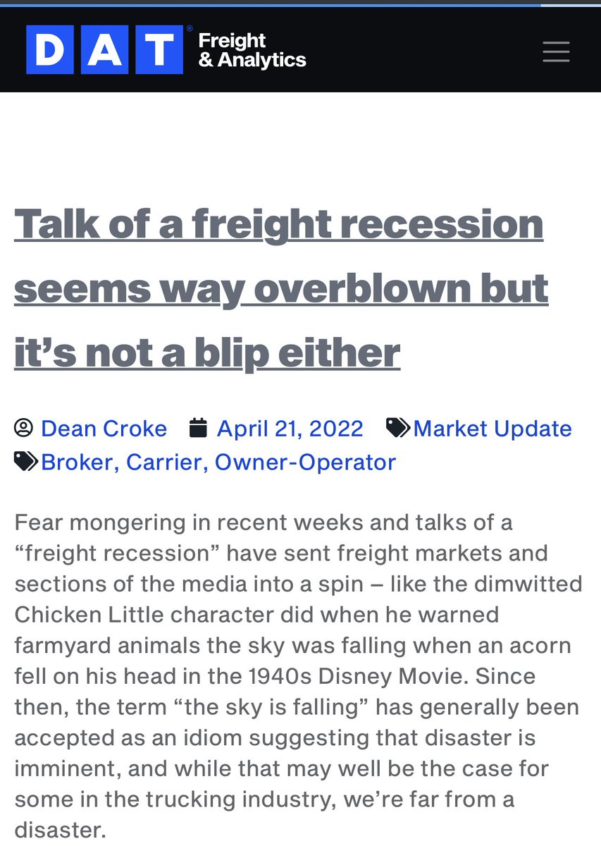FreightAlley's tweet image. A DAT executive told a group of shippers that they foresaw the freight recession starting 18 months ago. 

Except they didn’t. 

Last April, they called our freight recession articles as “inflammatory” and  compared us to a “dimwitted Chicken Little character.” 

They should…