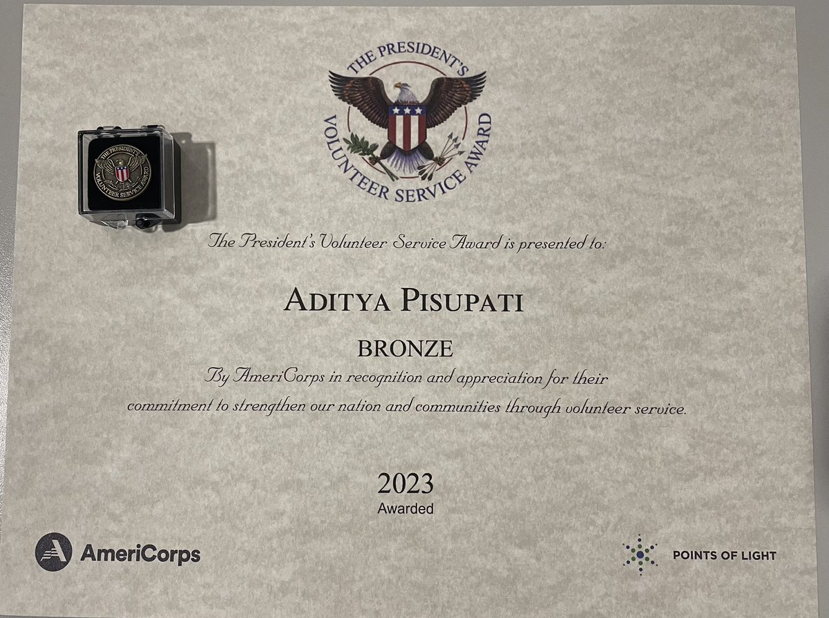 ravipisupati's tweet photo. My elder son received #Presidential #Service #Award in Bronze category👍Getting this award is based on the number of hours(>70) put in any voluntary service like #scout,#teaching, etc. Will target to either Silver or Gold in 2024 🙂 https://t.co/kRNp9tYBtQ
