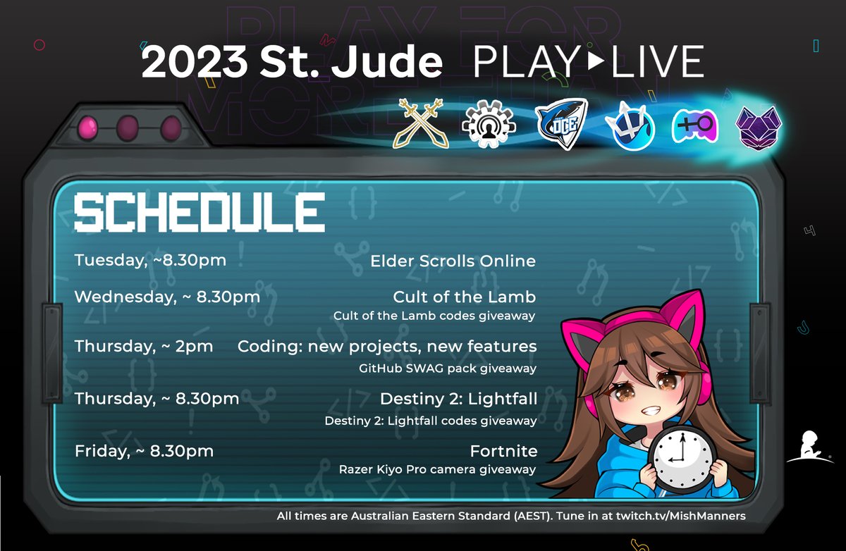 This week's stream schedule for <a href="/StJudePLAYLIVE/">St. Jude PLAY LIVE</a>.

Lots of giveaways thanks to <a href="/cultofthelamb/">Cult of the Lamb</a>, <a href="/DestinyGameANZ/">Destiny 2 ANZ</a>, <a href="/RazerANZ/">R Λ Z Ξ R | ANZ</a>, &amp; GitHub.

Every $ raised helps cure cancer, &amp; gets you in  the draw to win loot. Share the ❤️ even if it's just a RT.

Donate now 👇
tiltify.com/@mishmanners/m…
