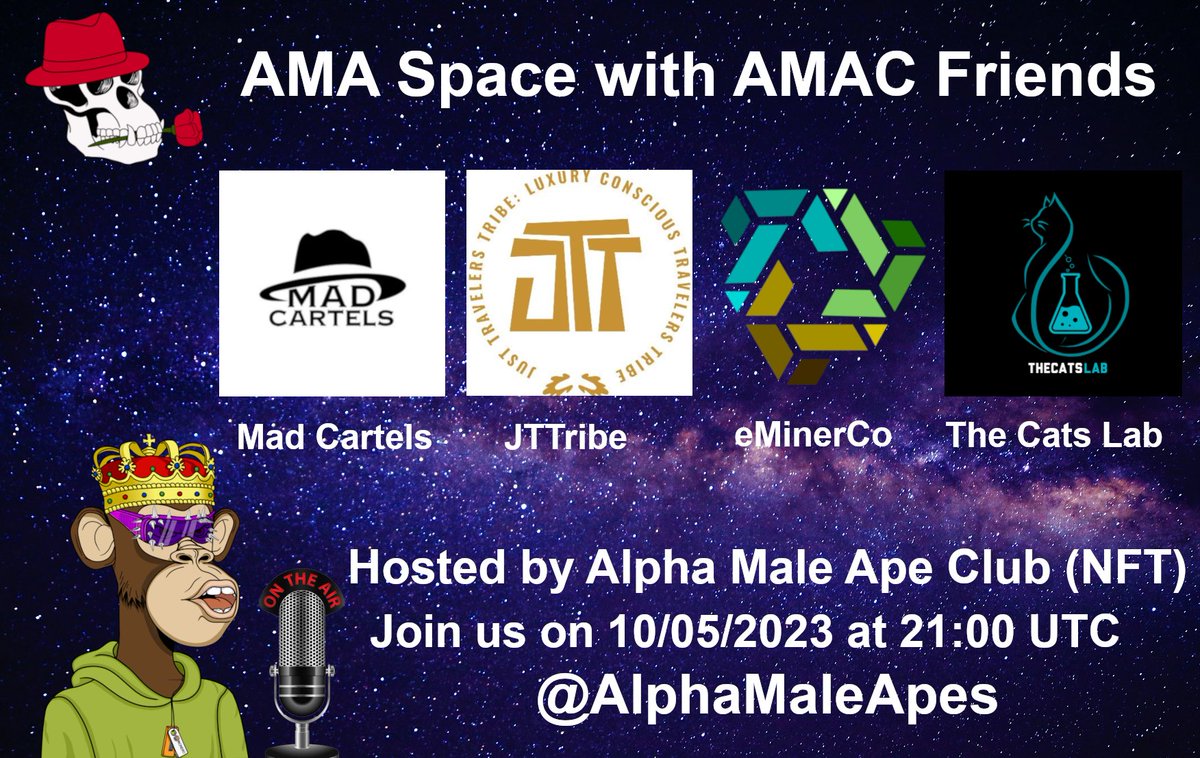 We're going to space on Wednesday🚀Are you with us?😉 Join us on 10/05/2023 at 21:00 UTC for the AMA Space with four other projects! Prepare your questions, pump up your muscles and get ready to win: we'll give away 5 AMAC NFTs to 5 lucky listeners!
x.com/i/spaces/1yNGa…
#NFT