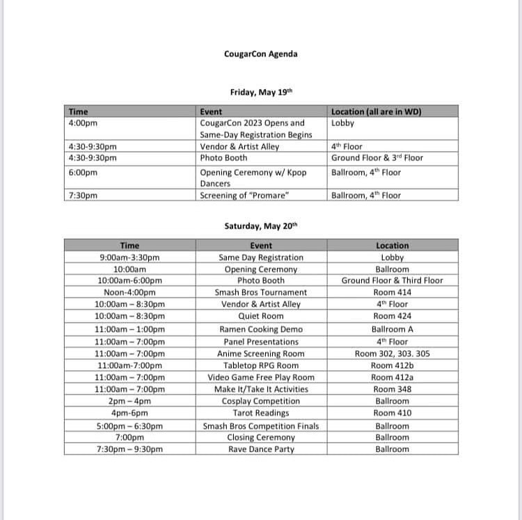 cscc_cougarcon's tweet image. It’s finally here! The 2023 CougarCon event schedule is now live. Come join us on May 19-20th for an array of pop culture related activities! Register at eventbrite.com/e/cougarcon-20…
#cougarcon #cougarcon2023 #CSCCa