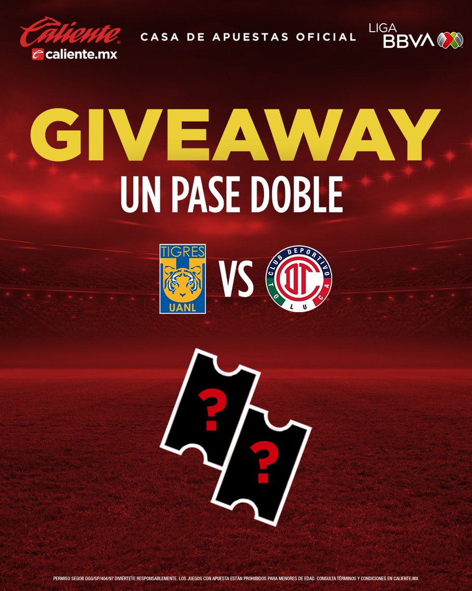 Antonio_Nelli's tweet photo. 🚨#Giveaway TIGRE 🚨

¡GANA UN PASE DOBLE para ir al #Tigres 🐯 vs #Toluca! 🎫 
 
1⃣ Sigue a @calientesports y a mí 
2⃣ Dale 🔁 y ❤️
3️⃣ Comenta por qué va a avanzar a Semifinales tu equipo usando el hashtag #MásAcciónMásDiversión 🔥

🎫 ¡Se regalará UN pase doble! 📲 https://t.co/QKjUTHAeH1