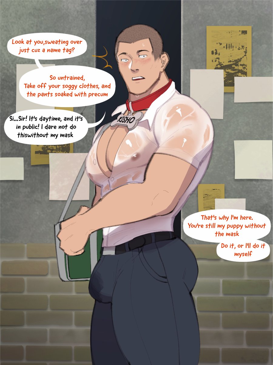 Puppy's name tag is on
Maybe he was too excited, was sweating profusely
SO~!

🔁600+♥️800
(To take off his clothes)
or
🔁800+♥️1200
(Let master tear his clothes off )