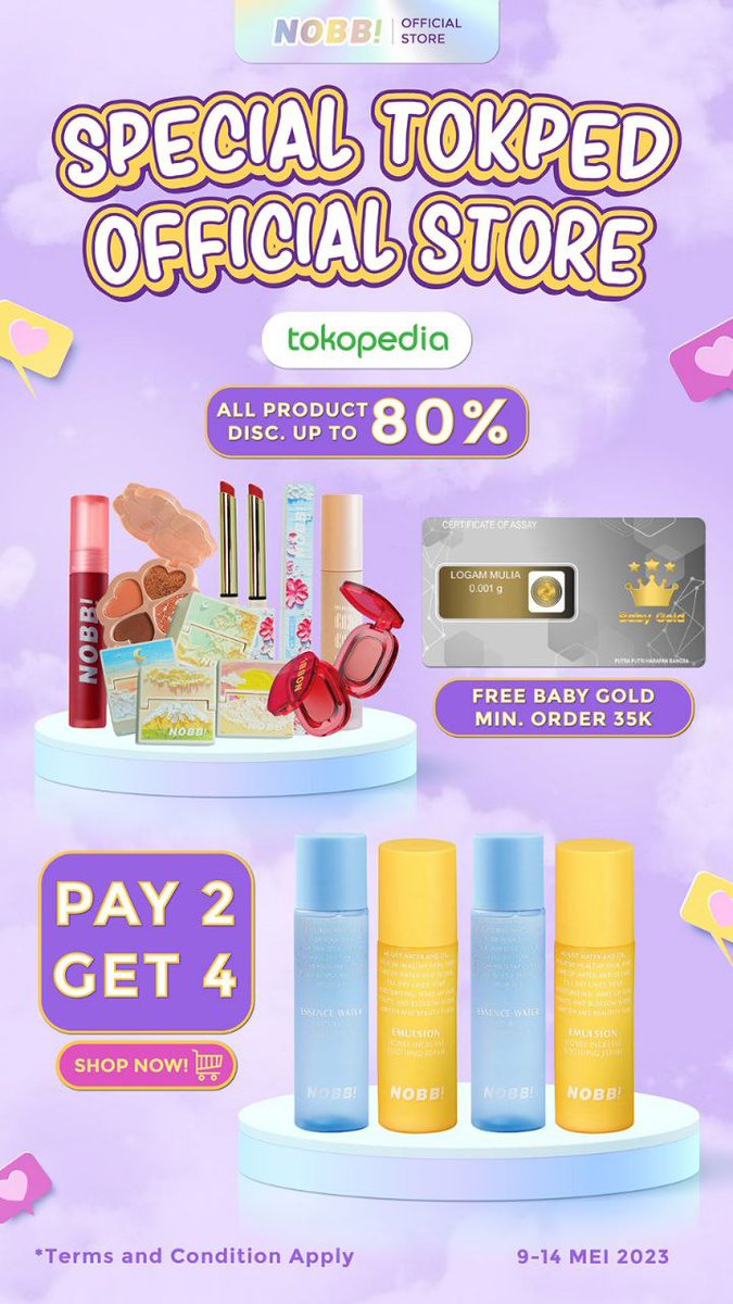 📢📢📢TOKOPEDIA FINALLY OFFICIAL!!📢📢📢

SPECIAL PROMOOOO GET DISCOUNT UP TO 80%!! PAY 2 GET 4!!😚🙌🙌

KAPAN LAGIII??? ONLY 9-14 MAY!!

#nobb #nobbcosmetics #nobbcosmeticsid #makeupgemoy #makekiyowo