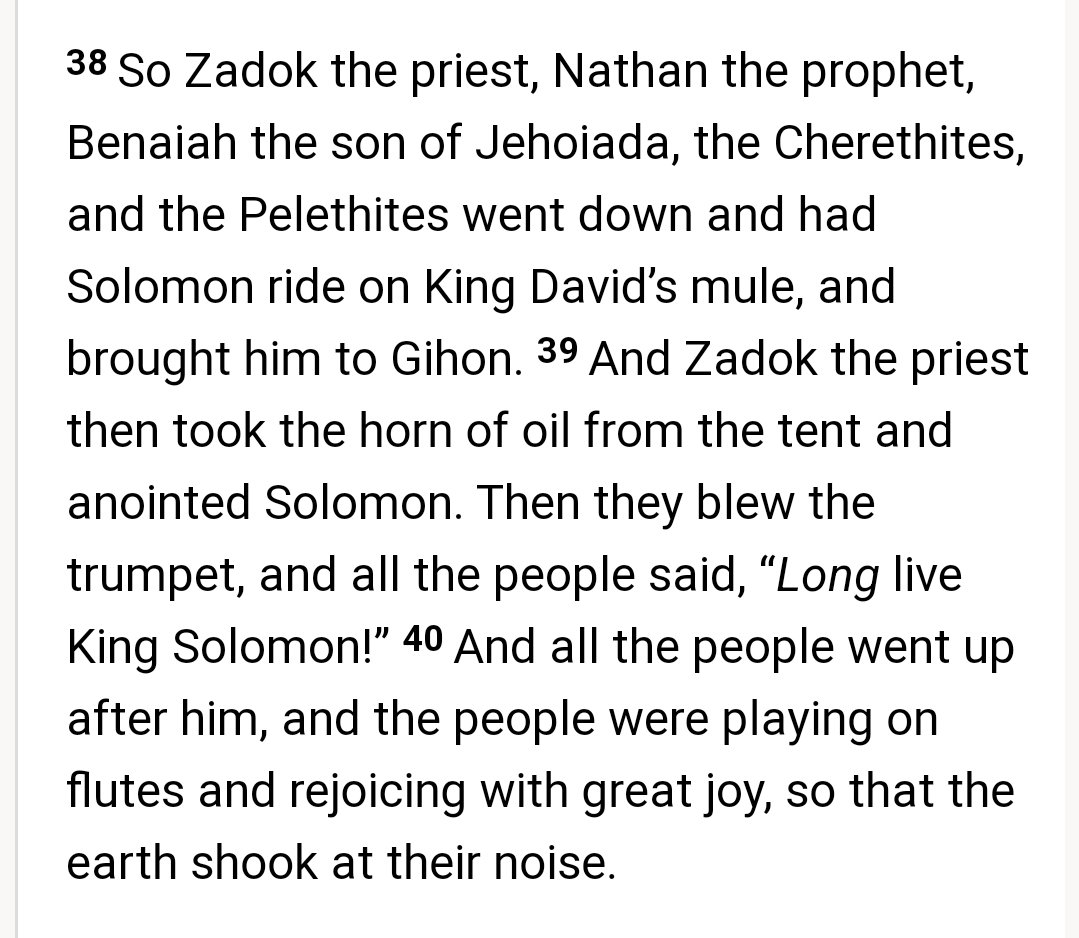 #Coronation #ZadokThePriest 

1 Kings 1:38-40 for those interested in where the anointing of King Solomon is recorded