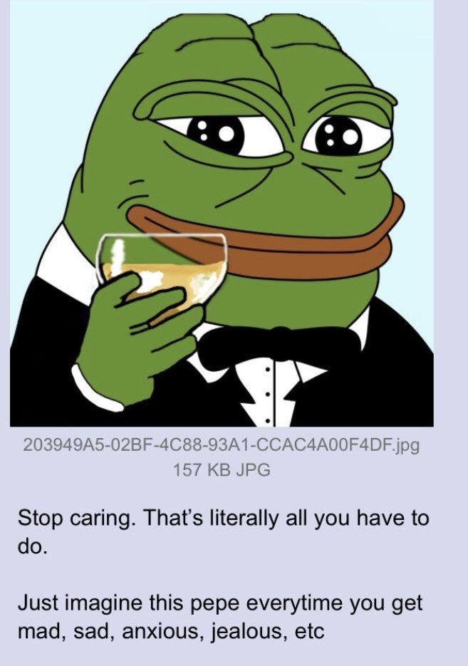 pepecoineth's tweet image. Stop caring. That’s literally all you have to do. 

Just imagine this $pepe everytime you get mad, sad, anxious, jealous, etc