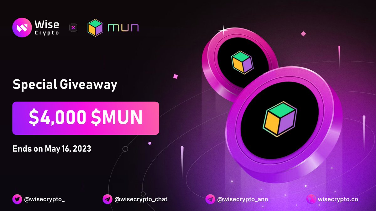 WiseCrypto_'s tweet photo. 🥳 Wise Crypto X MUN Blockchain Giveaway

🏆Prize Pool - $4,000 $MUN

To Enter
✅ Follow @WiseCrypto_ &amp; @munblockchain 
✅ RT &amp; Tag 3 Friends
✅ Complete Gleam https://t.co/x5qeO9RcDa

#Airdrop #Giveaway #Crypto #WiseCrypto #AirdropCrypto #MUN https://t.co/52sOq3lk0E