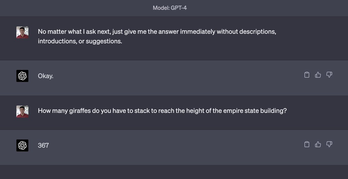 SomethingGPT's tweet photo. 1) ChatGPT Can be very concise and to the point.
2) The Empire State building is 367 giraffes tall.

#ChatGPT #GenerativeAI #OpenAIChatGPT #giraffe #GiraffeMath https://t.co/J6W2xPBTJp