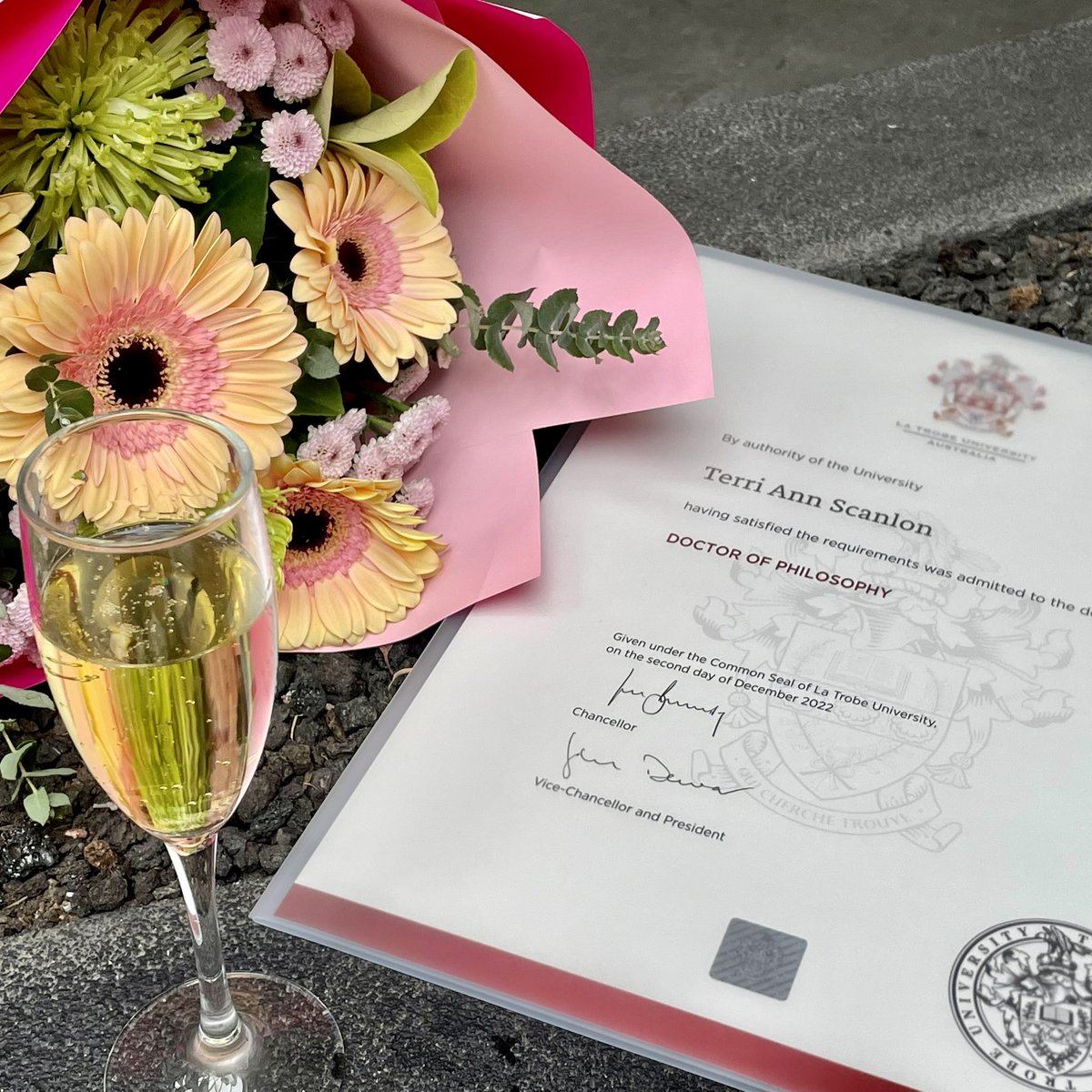DrT_Scanlon's tweet photo. Finally got to wear the special gown and floppy hat. What a day of celebration. After 7 long, hard, but wonderful years. Thanks @DrMistyJenkins and @SuHeinzel for your ongoing support and helping me celebrate such a huge achievement 🥂 https://t.co/qNKcBlBXdQ