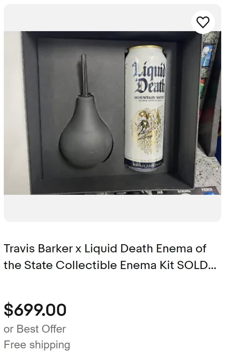 MurderHeadDC's tweet photo. Murder Heads get you access to the sickest drops. Our Travis Barker Enema Kit by @LiquidDeath sold out fast and now goes for $699 on eBay.
Holding a Murder Head is the ultimate alpha. Join the club and stay ahead of the game. ๐ฆ๐ช #LiquidDeath #MurderHeads #TravisBarkerEnemaKit https://t.co/Z7JSwYAn6H