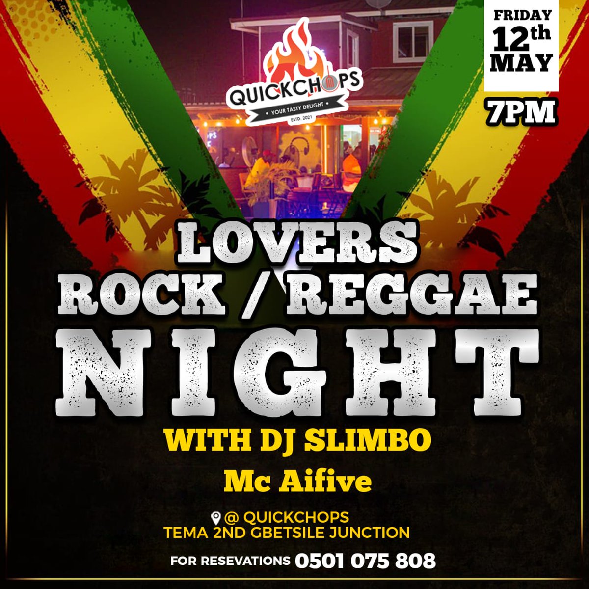 QuickChopsgh's tweet photo. This Friday "Lovers Rock/ Reggae Night" with DJ Slimbo inside Quickchops.

     MC : Aifive 

📍Tema, Gbetsile 2nd Junction

#quickchopsgh #reggae #music https://t.co/UZUMggXLXA
