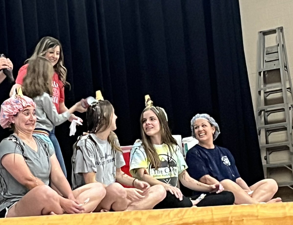 LWYReading's tweet photo. A few brave teachers Kelsey Evelyn Faith Wentworth and Karen Stephan and our awesome leader Katy Kveragas allowed Shay Beck Becker and I to have students turn them into human sundaes ! Students had to complete a reading challenge in order to help! #WYproud https://t.co/K9b7jDLmf4