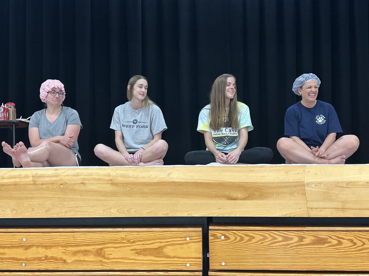 LWYReading's tweet photo. A few brave teachers Kelsey Evelyn Faith Wentworth and Karen Stephan and our awesome leader Katy Kveragas allowed Shay Beck Becker and I to have students turn them into human sundaes ! Students had to complete a reading challenge in order to help! #WYproud https://t.co/K9b7jDLmf4
