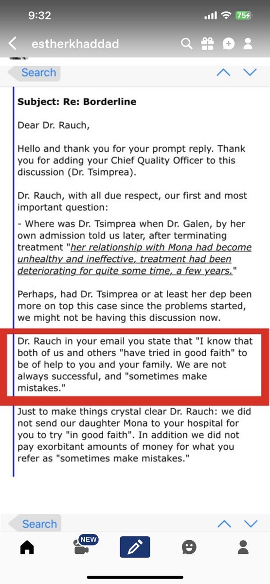 estherkhaddad's tweet photo. #AnneKlibanskiMD are you aware that at #McLeanHospital #DrGillianGalen and #BlaiseAguirre from #3East lost 5 patients to #suicide in less than a year? Some while in #3East. It was covered up by them and by #DrLoisChoiKan and #DrKarenJacob. My late daughter #Mona was sent to the quiet room for questioning those deaths.

Attached a screenshot of an email where #DrScottRausch admits “SOMETIMES [WE] MAKE MISTAKES”

WE DID NOT PAY OVER $50,000 A MONTH FOR SOME MISTAKES.

#AnneKlibanskiMD ARE YOU AWARE OS THOSE MISTAKES? 5 DEATHS IN LESS THAN A YEAR? COVERED UP BY #McLean’s STAFF?

I have thousands of pages od SMS TEXTS, EMAILS AND RECORDINGS OUR LATE DAUGHTER #MonaDaniellaHaddad made. We are contacting Congressmen.

It’s time people find out MCLEAN IS NOT WHAT IT USED TO BE AND STOP SENDING THEIR KIDS THERE.

#ChildLoss #Grief #BereavedParents #MissYou #LoveYouAlways #SiblingLoss
#LGBTQ #MassGeneral #SuicideAwareness  #SuicidePrevention #JusticeForMona