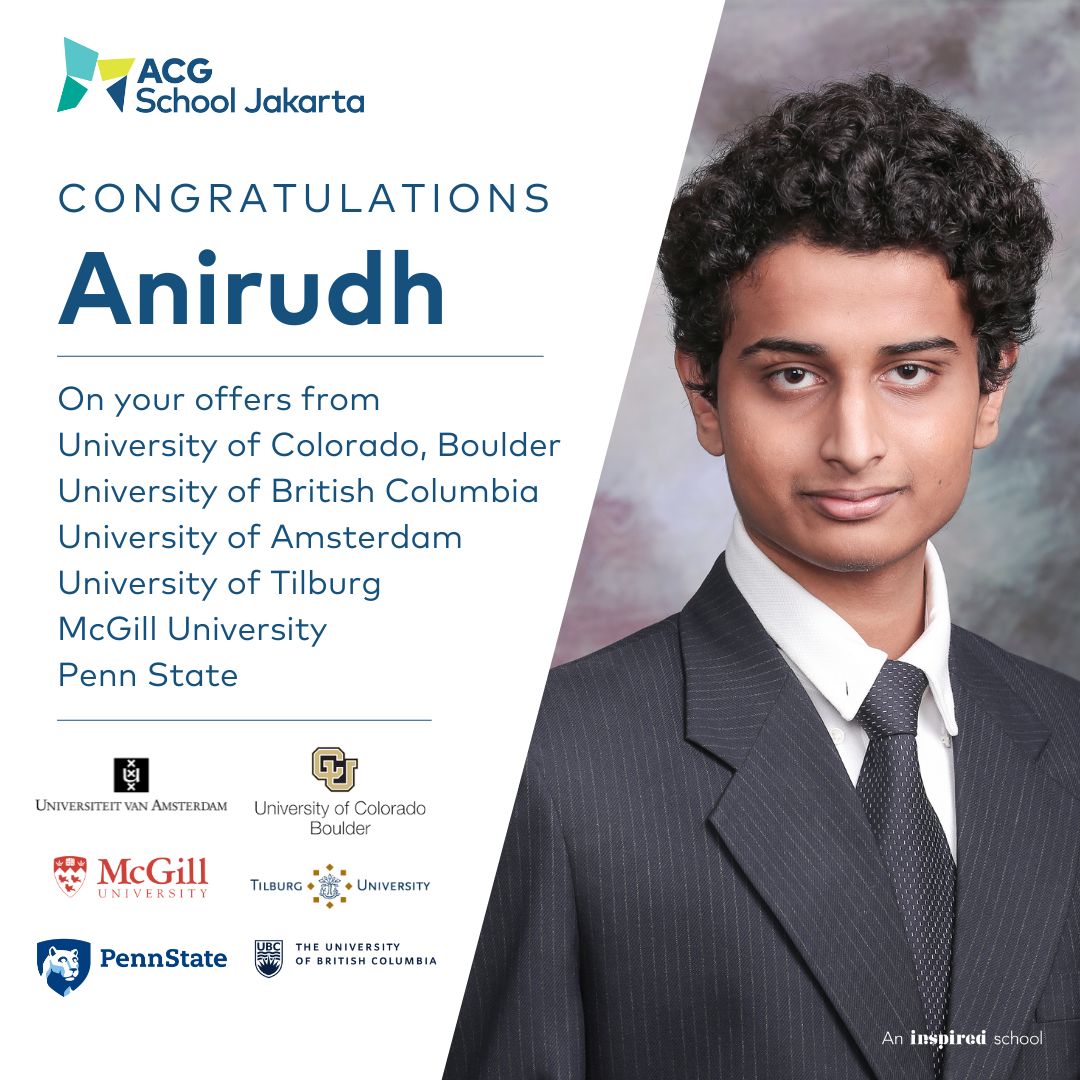 ACGJakarta's tweet photo. ACG School Jakarta proudly announces that our Head Boy, Anirudh Sripathi, has received several university acceptances. Here's looking at a promising future for Anirudh and wishing him all the best as he moves on to the next part of his academic journey.
#universityacceptance https://t.co/MWumKDRH8c