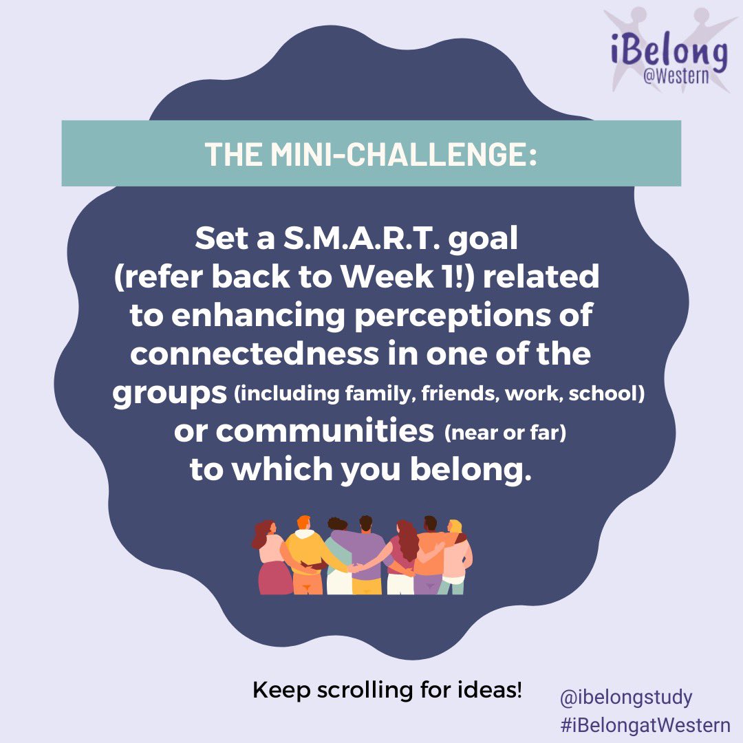 iBelongStudy's tweet photo. This week’s iBelong@Western “Monday Mini-Challenge” to become an “iBelong Champion!” Set a S.M.A.R.T. goal (see Week 1) related to enhancing connectedness in one of the groups/ communities to which you belong. Scroll through posts for ideas! https://t.co/IBgfIkyghm