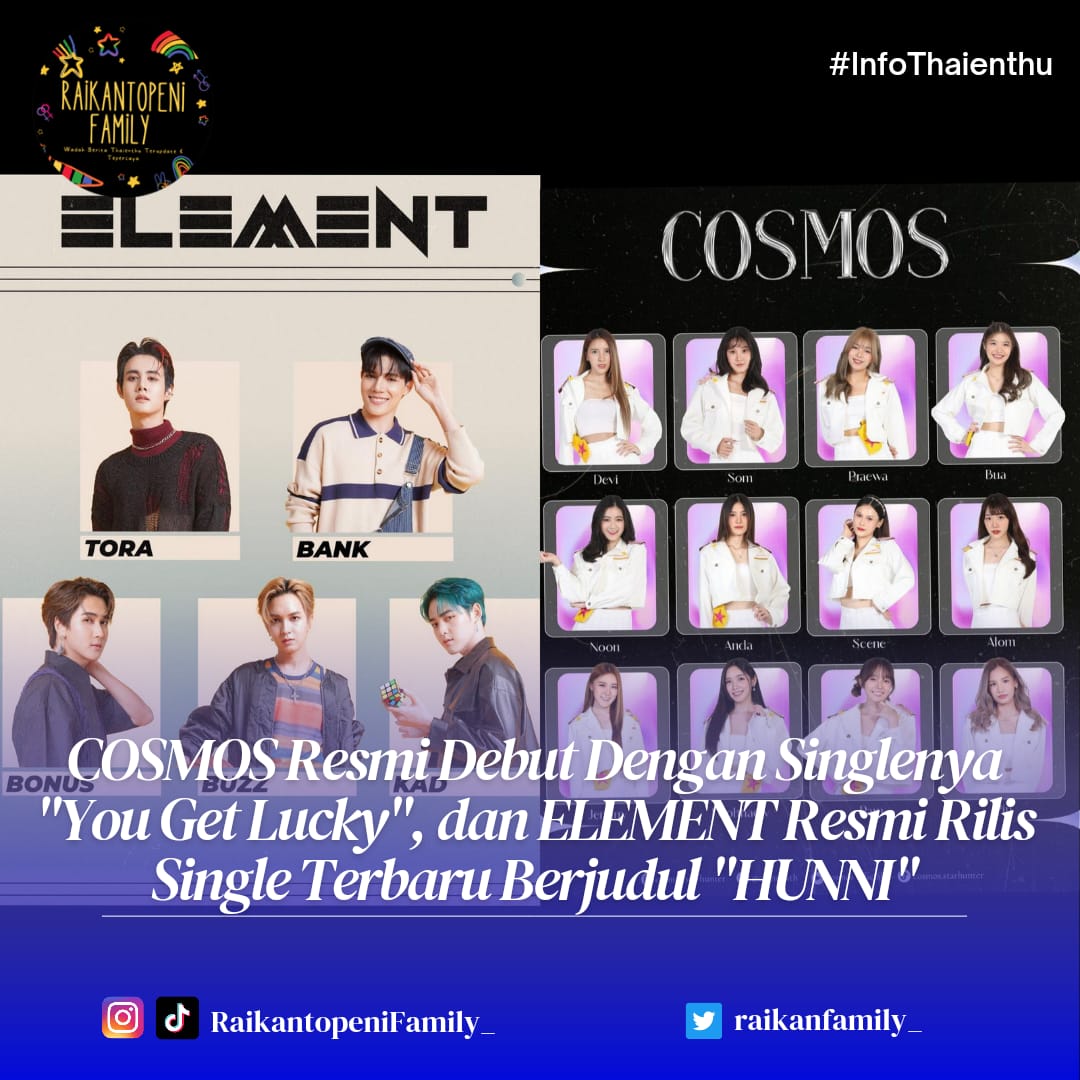 raikanfamily_'s tweet photo. COSMOS Resmi Debut Dengan Singlenya BONUS BUZZ "You Get Lucky", dan ELEMENT Resmi Rilis Single Terbaru Berjudul "HUNNI"
Info lebih lanjut https://t.co/FS7sWi0V3y
#raikantopenifamily #raikanfamily_ #ELEMENTTH #HUNNI #ElementHunni #COSMOSTH #CosmosDebut #Yougetlucky https://t.co/94vjNp9oxN