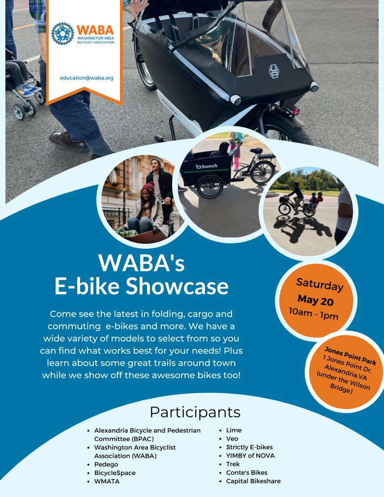 Curious about e-bikes? Come test ride a variety of e-bikes on May 20 at Jones Point Park. The E-Bike Showcase runs from 10 a.m. to 1 p.m.