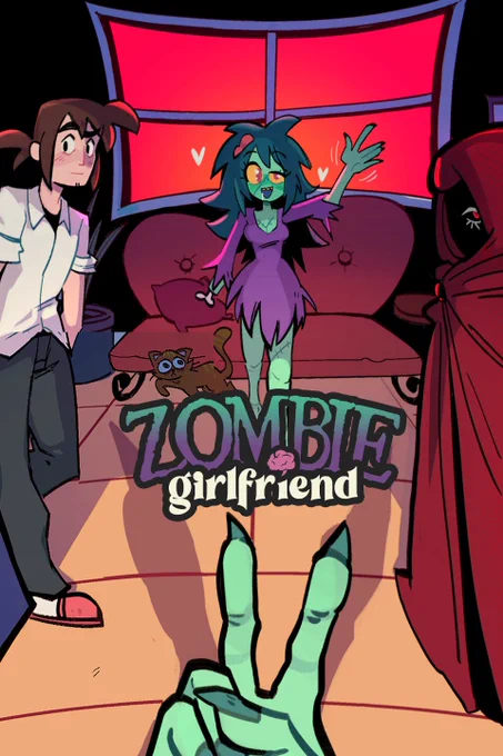 Happy #webcomicday✨ I make "My Girlfriend is a Zombie?!" (ZombieGF for short) a lil story of a zombie girl who fell in love with a human~   It's also got some necromancers, vampires and office workers 🖤