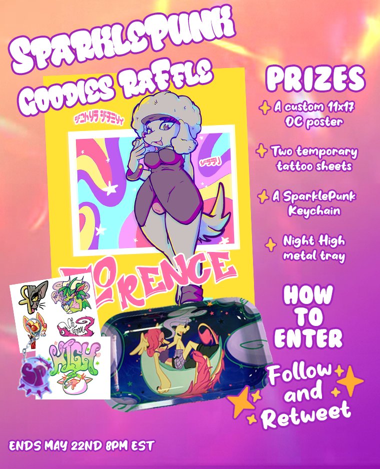 SparklepunkF's tweet photo. 💜SPARKLEPUNK GOODIES RAFFLE💛
 It's time to start another raffle!

You'll win a prize pack that includes
- 11X17 Custom OC Poster
- Two Temporary Tattoo Sheets
- A SparklePunk Keychain
- "Night High" Metal Tray

HOW TO ENTER
- Follow us! 
- Retweet this post (no QTs)

GOOD LUCK https://t.co/FrPEXBIOHI