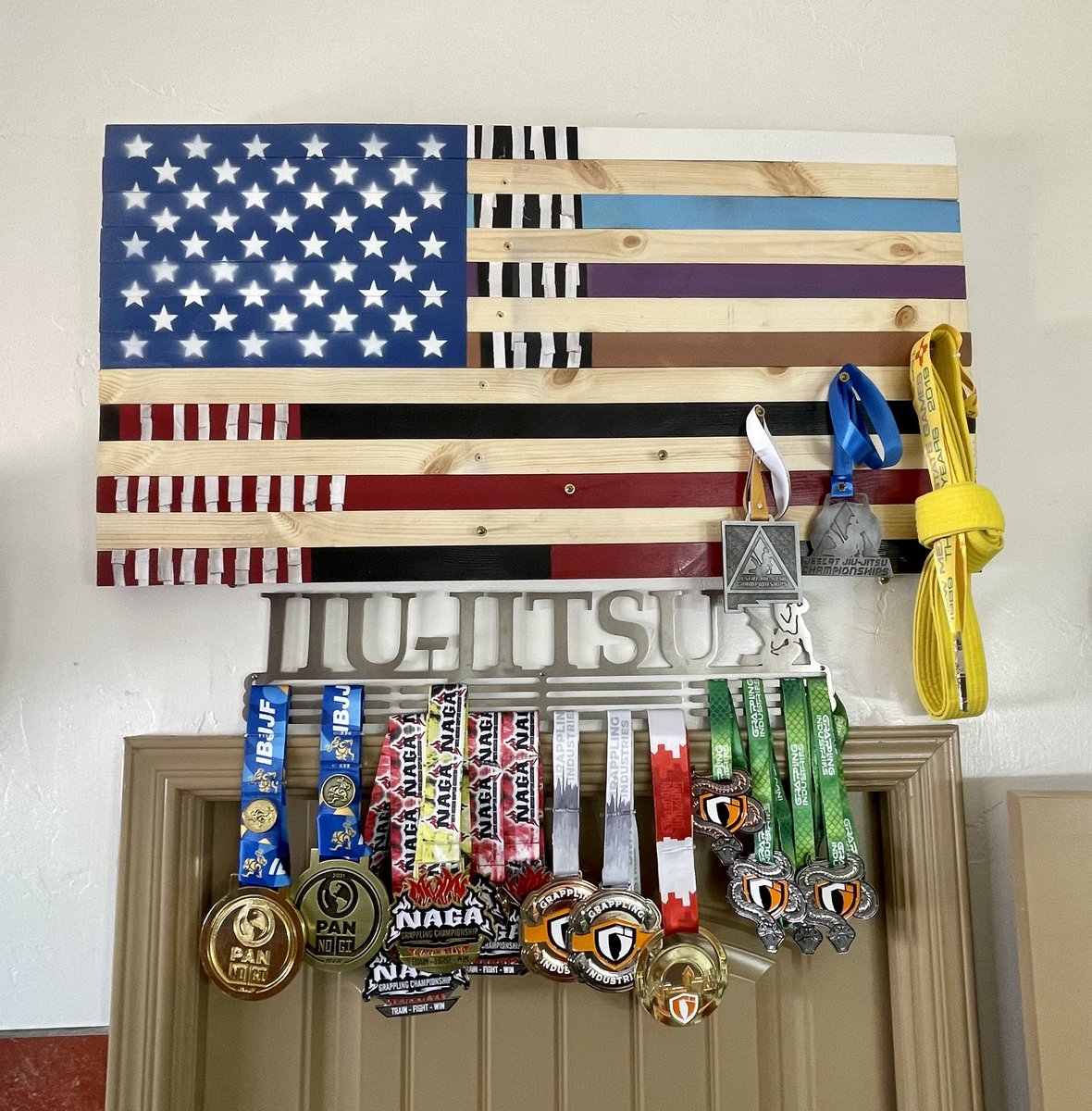 I built this flag/ I ❤️ me medal display.  BJJ 💜