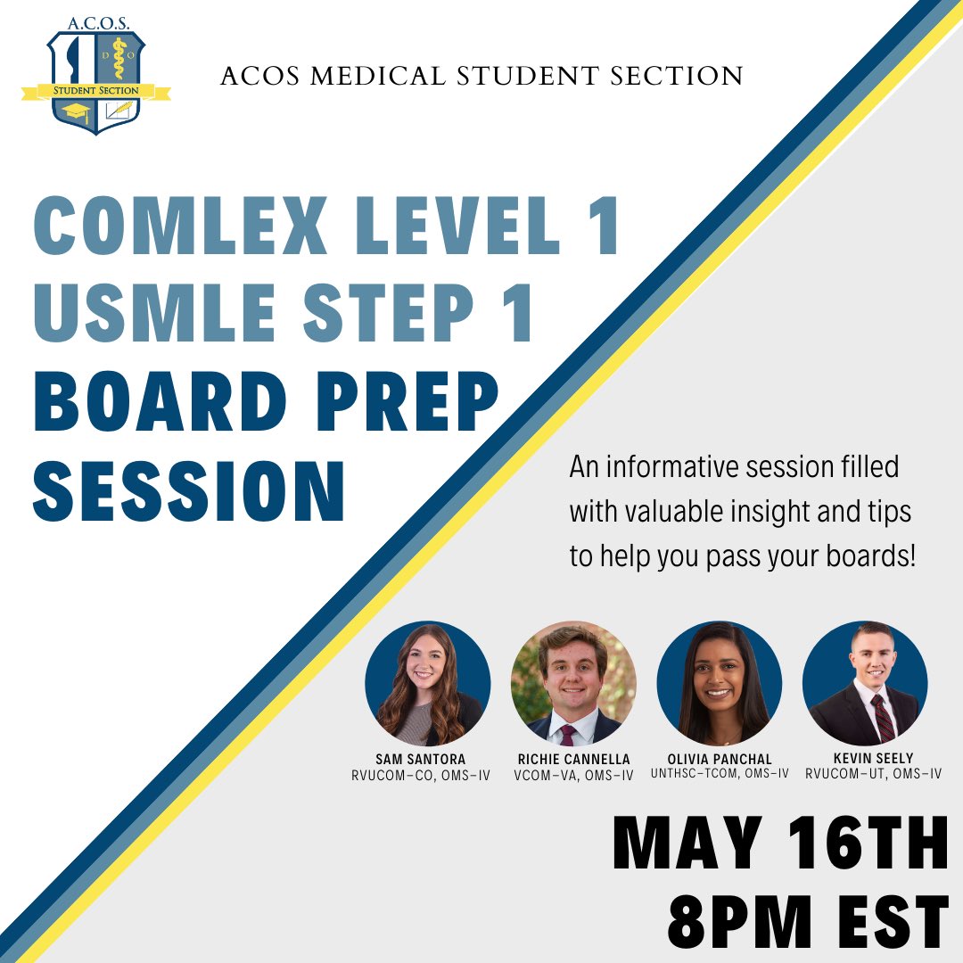 Join ACOS-MSS on May 16th at 8pm EST to learn more about COMLEX Level 1 and USMLE Step 1, and to discover the most effective ways to prepare for them. Be sure to register through the link provided in our bio!
