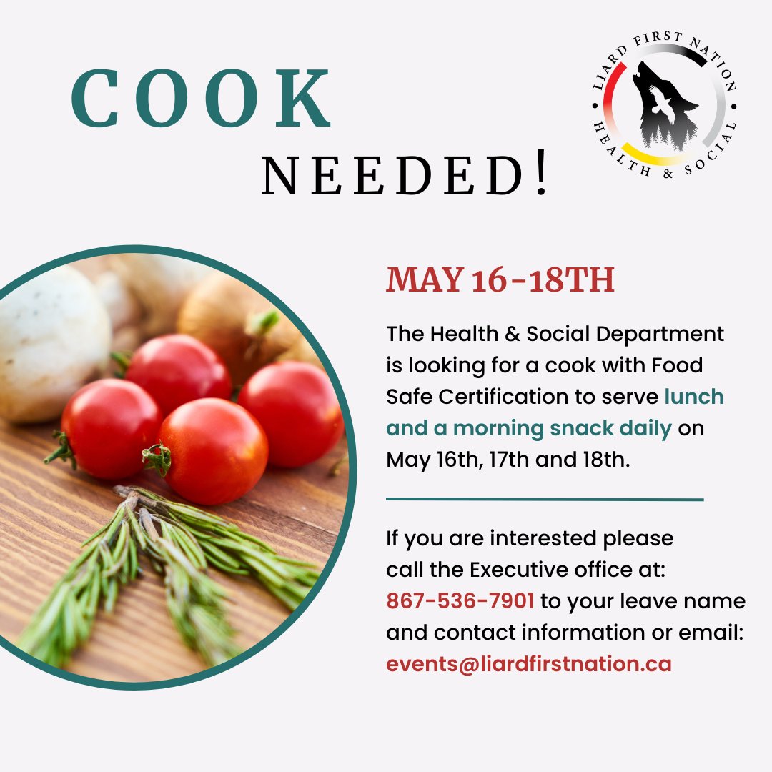Liard_FN's tweet photo. 👨‍🍳The Health &amp; Social Department is looking for a cook for May 16th, 17th &amp; 18th:
-To prepare lunch and a morning snack daily
-Must have Food Safe Certification

#Kaska #LiardFirstNation #Yukon #WatsonLake #FirstNations https://t.co/lPk3RRAcaq