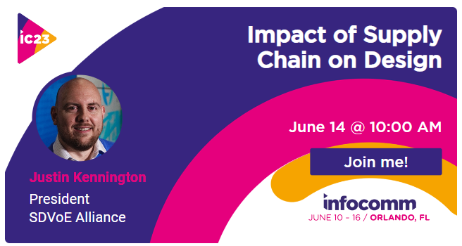 SDVoE's tweet photo. Frustrated by manufacturers who can’t deliver? Join Justin Kennington at #InfoComm23 to learn how to design systems that are not impacted by a single vendor’s ability to deliver hardware.

Mark your calendar for June 14 at 10 a.m. and register here: https://t.co/ArX0ec4Tbb ⬇️ https://t.co/DVy9bGpTuG